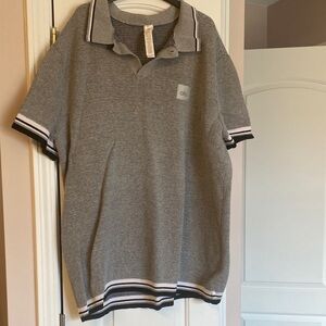 ALO Yoga Light Gray Knit Polo with Black & White Stripe Trim
